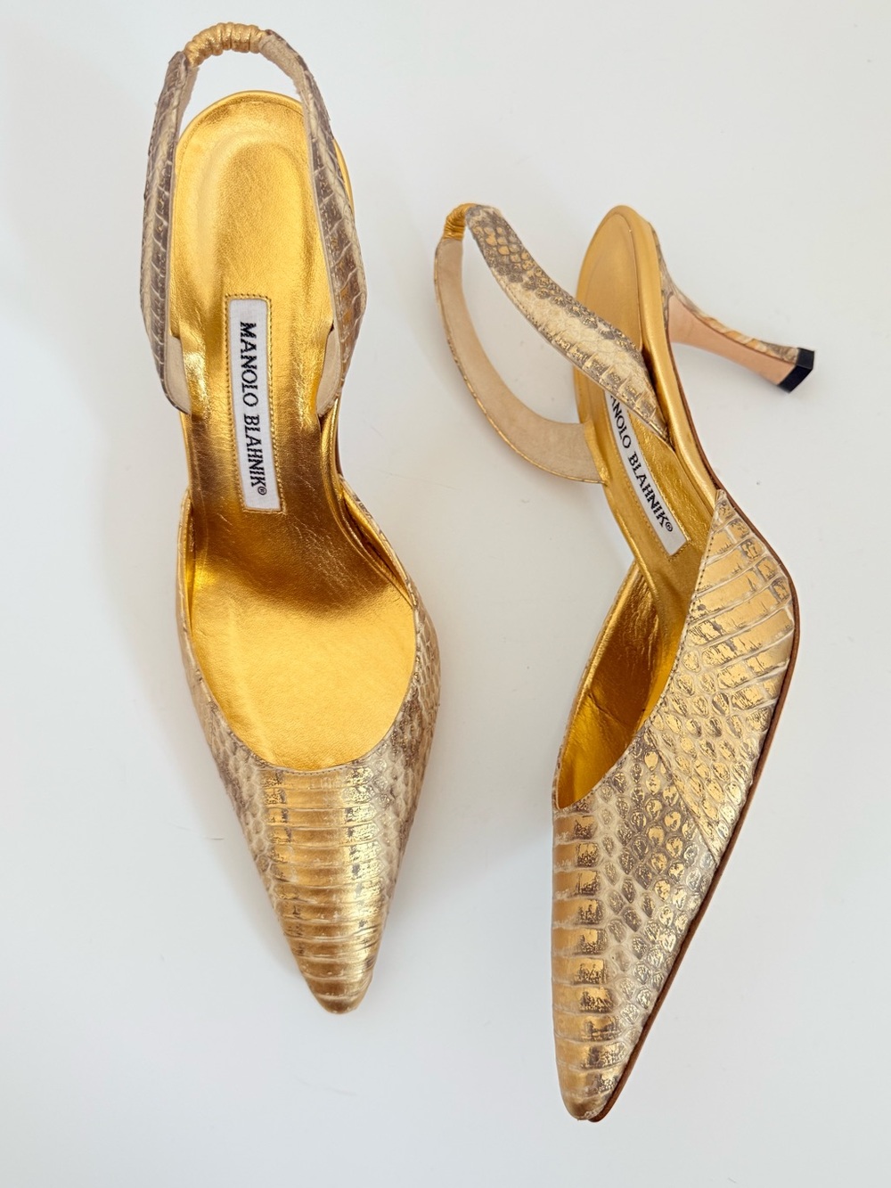 Manolo Blahnik Carolyne Gold Snakeskin Slingback Heels 37.5 Rare Exotic